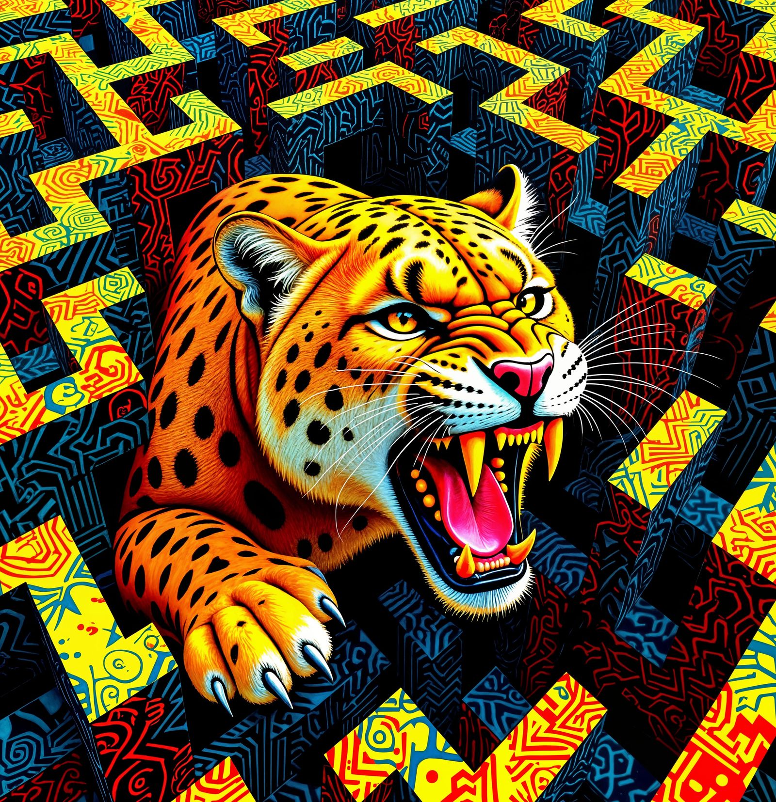 Surreal Sabre-Toothed Cat in Geometric Puzzle