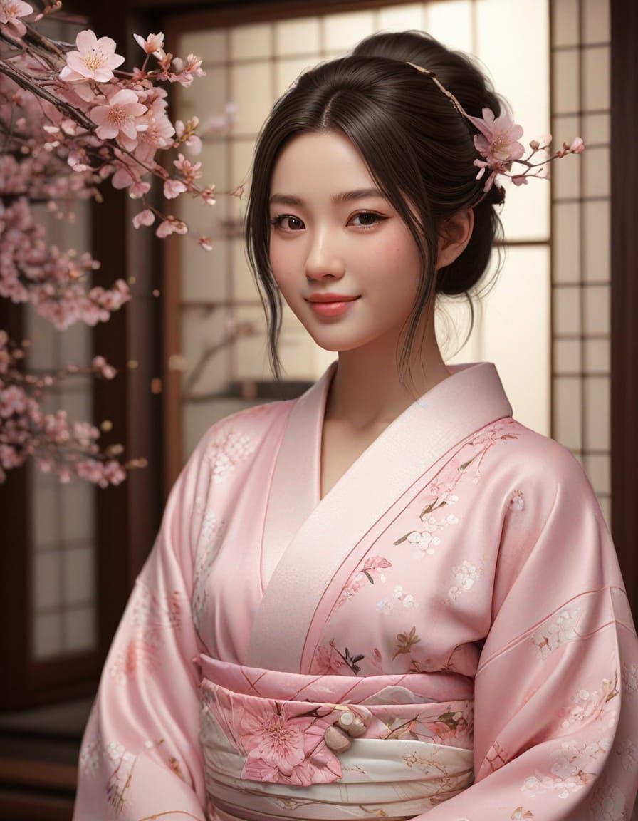 Smiling Japanese Woman in Sakura Kimono: 3D Anime Art