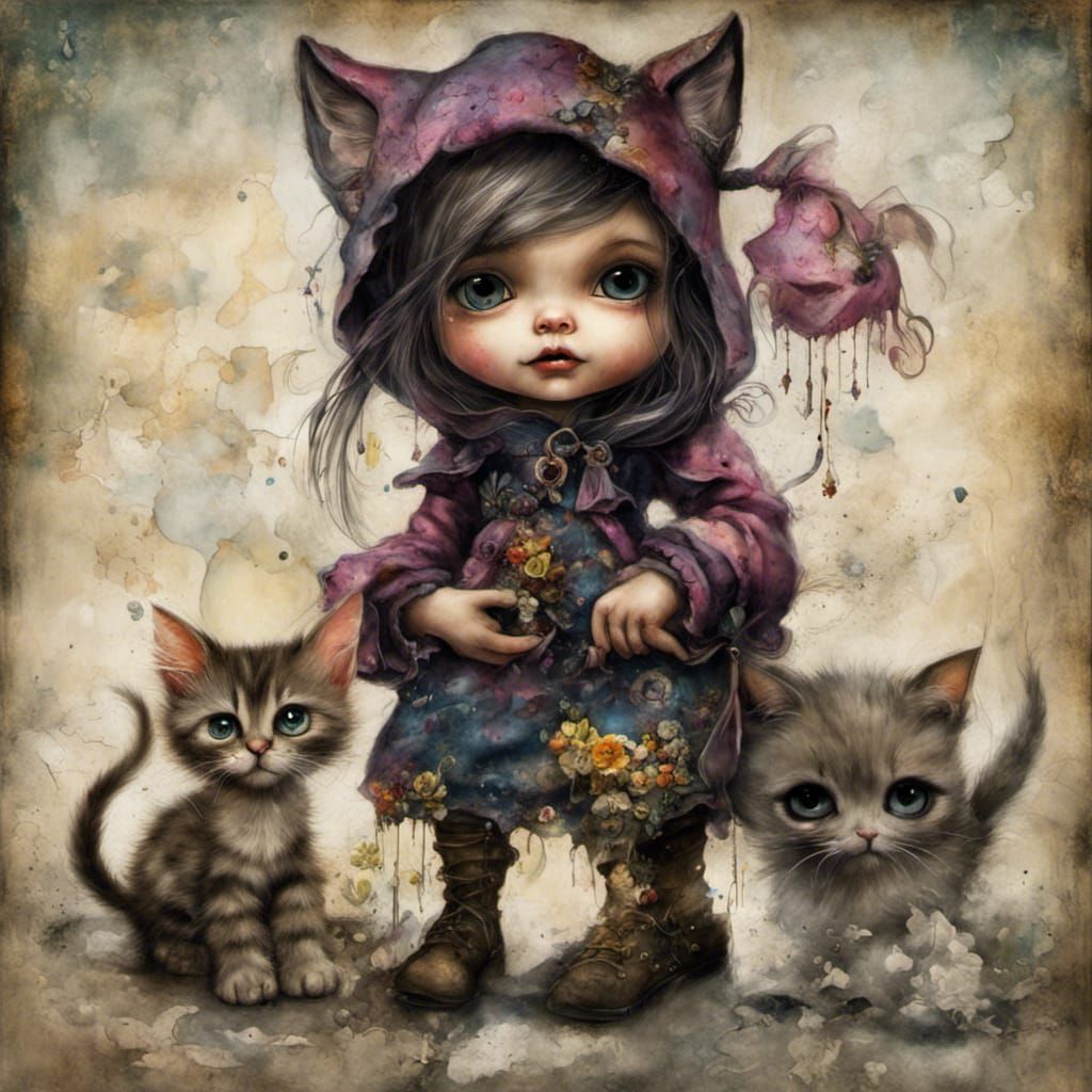 Baby Girl with Kitten: Detailed Fantasy Graffiti Art