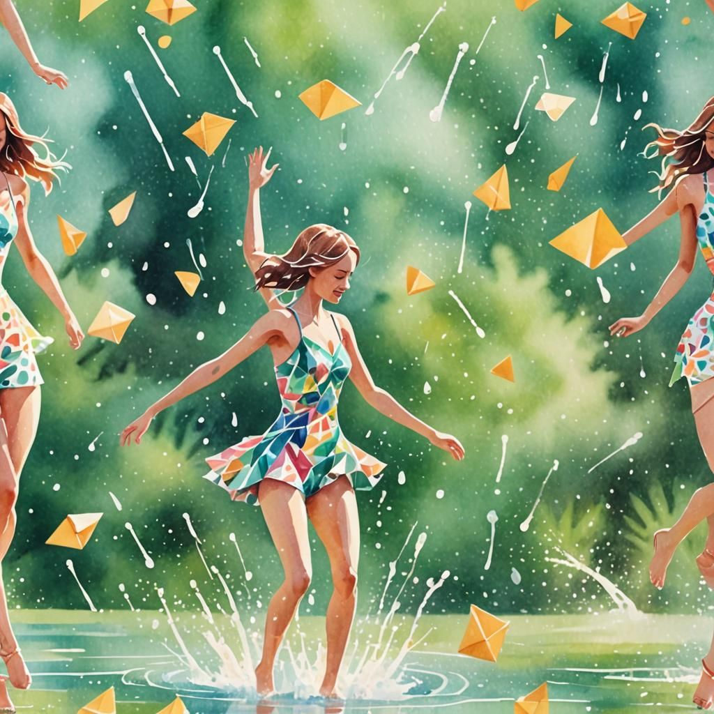 Watercolor Girl Dancing in Sprinkler with Origami Details