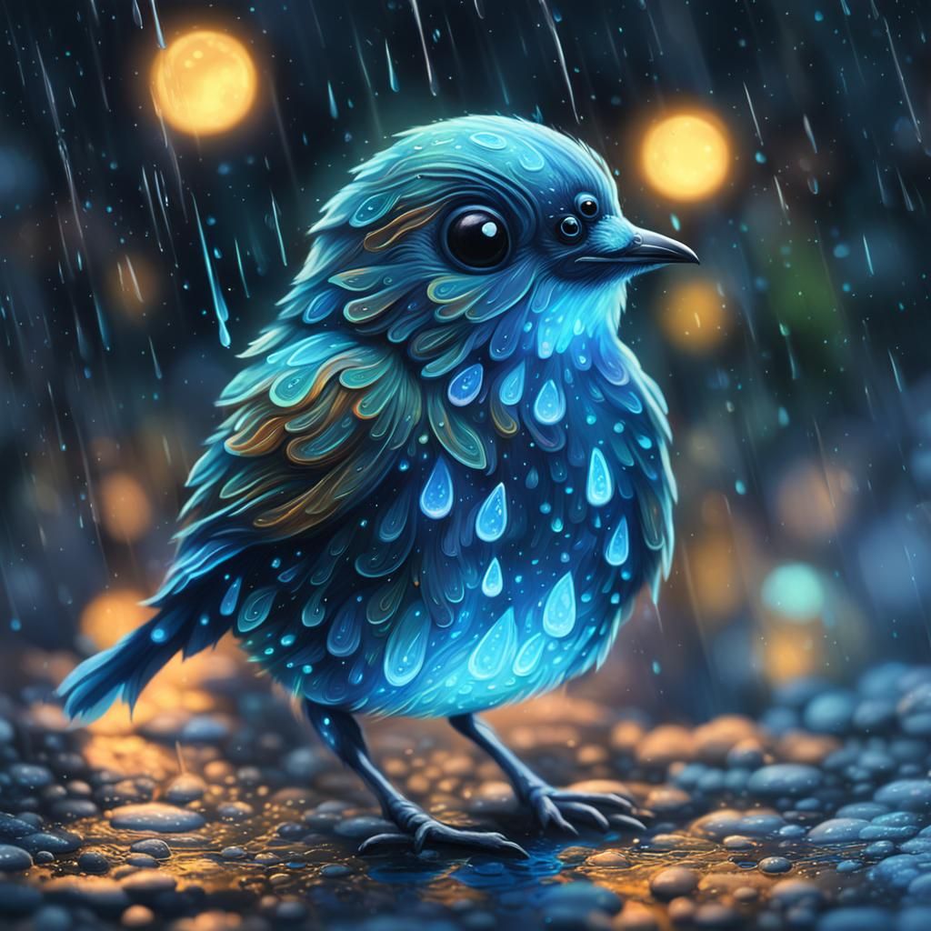 Glowing Bioluminescent Bird in Rainy Fantasy Landscape