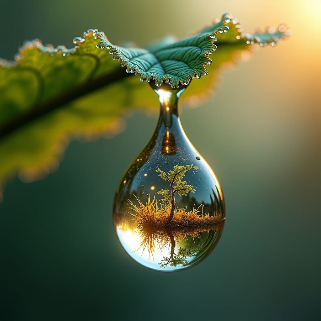 Miniature Landscape Reflected in Ethereal Raindrop