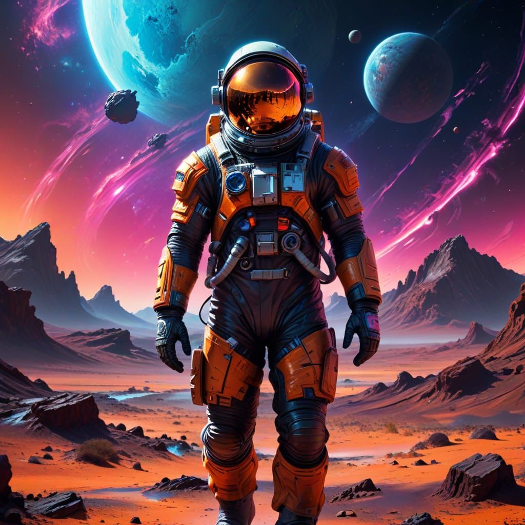 Surreal Space Explorer in Neon-Lit Cosmic Landscape
