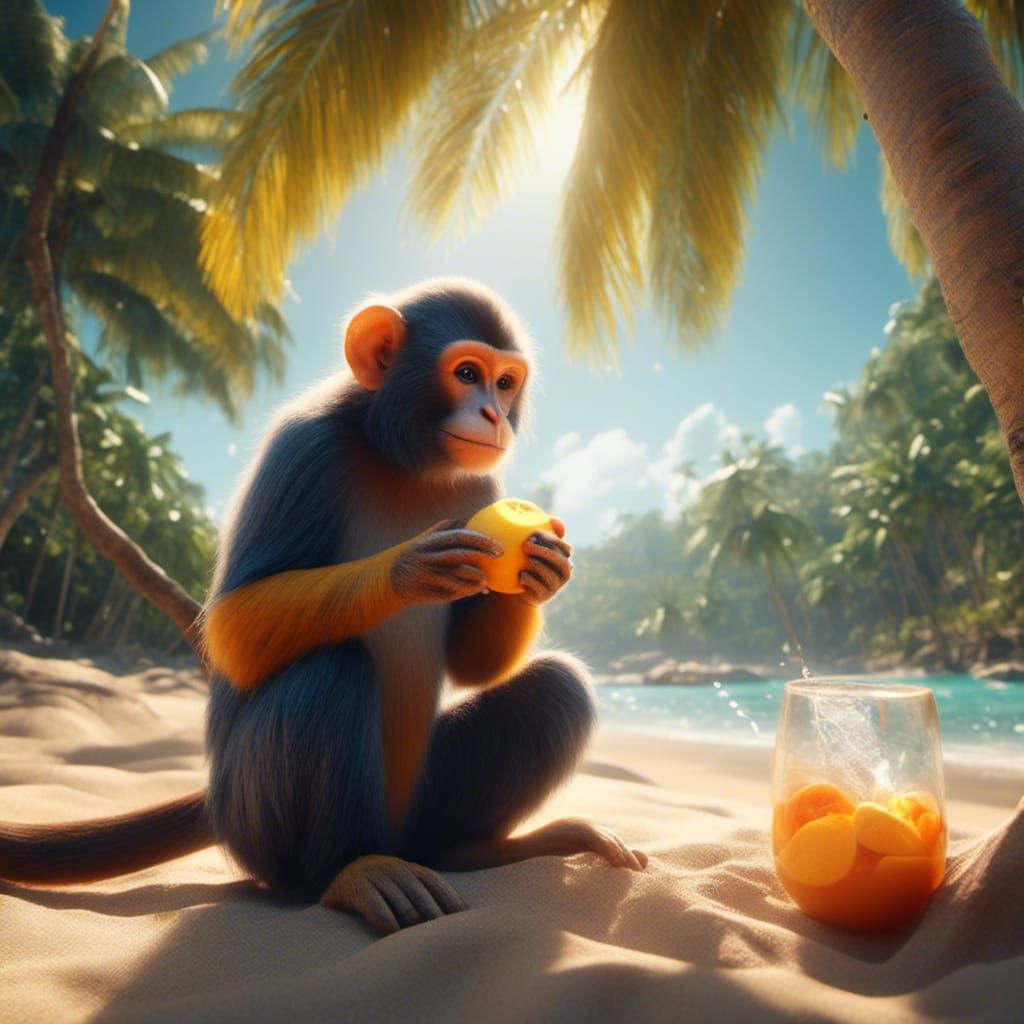 Monkey Sipping Coconut Water on Tropical Beach