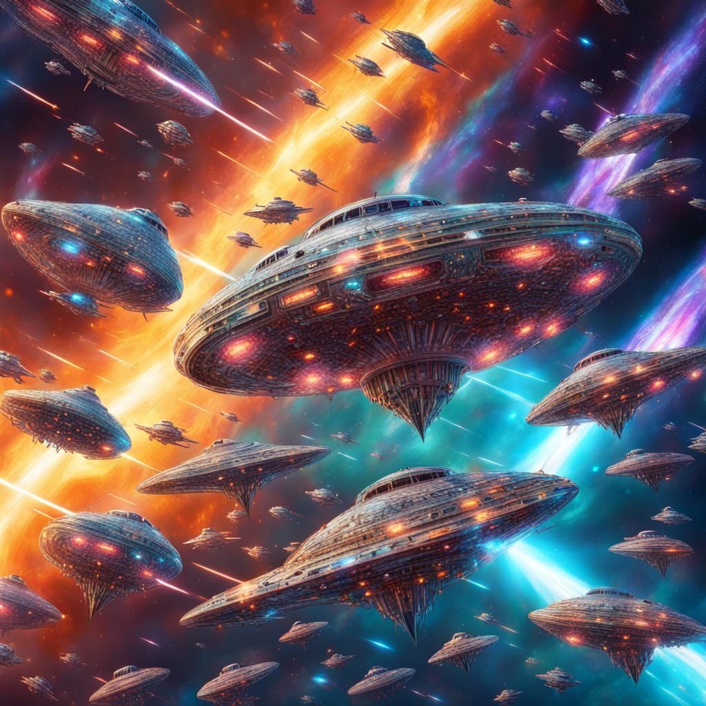 Spaceship Armada Battle Near Quasar in Holographic Style