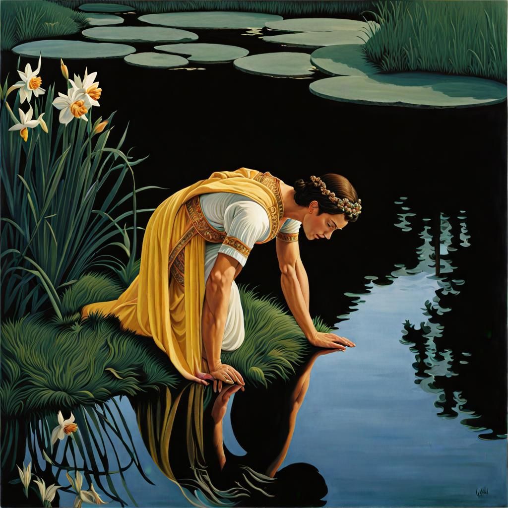 Narcissus Reflecting: Oil Painting in Chiaroscuro Style