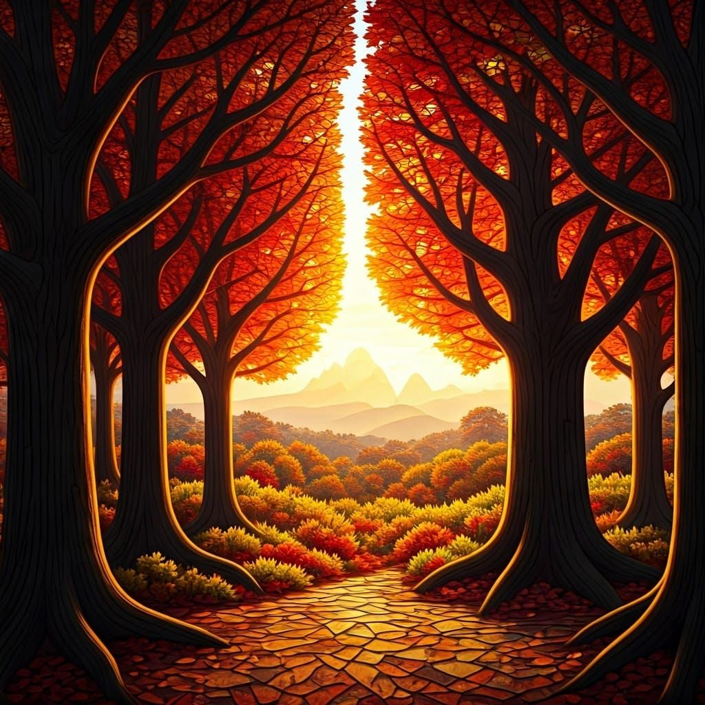 Autumn Stained Glass Trees in Golden Light