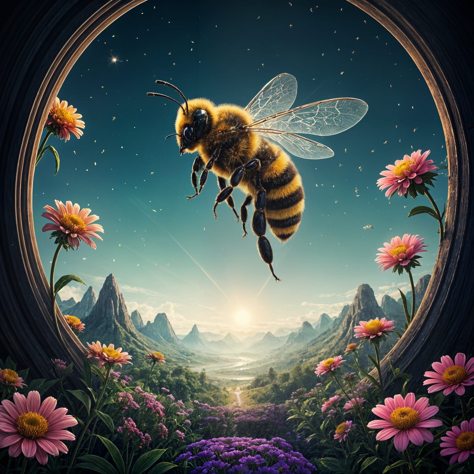 Vibrant Hive Scene in Whimsical Watercolor Style