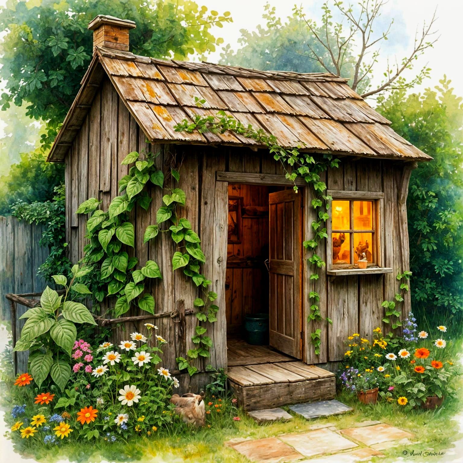 Whimsical Farmyard Shack in Soft Watercolor