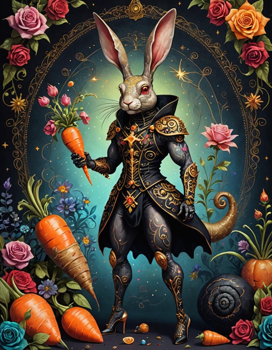 A muscular mystica lcreature half snail half rabbit made of dark fabric wearing high heels, glowing cross stitched eyes,...