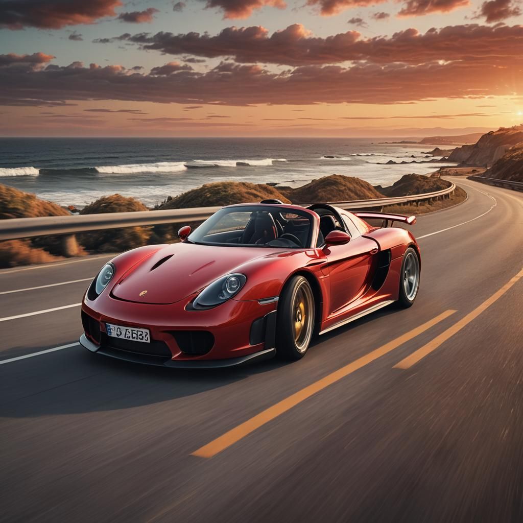 Red Porsche Carrera GTs on Coastal Highway at Sunset