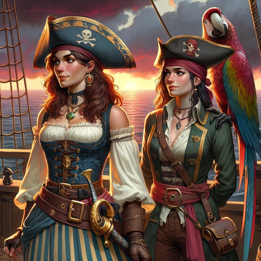 Pirate Captain and Crewmate in Sunset Maritime Scene