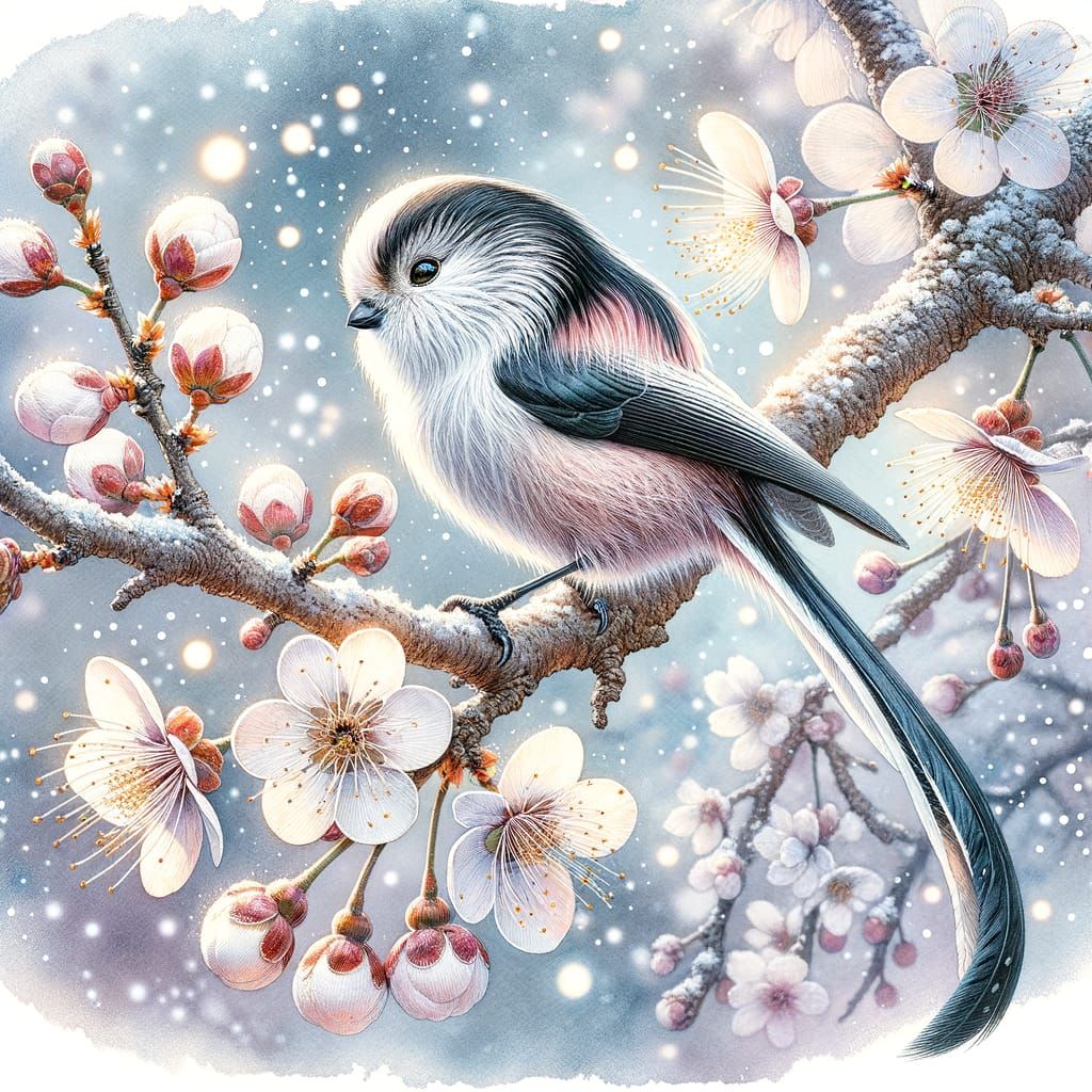 Shima-Enaga in Blossoming Sakura Tree: Watercolor Style