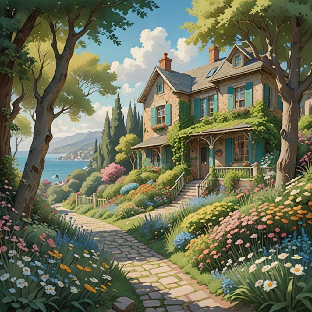 Impressionist Home Overlooking Turquoise Ocean