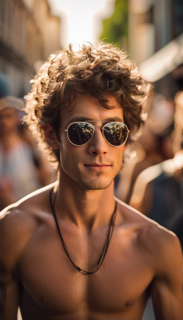 Shirtless Man in Sunglasses on Crowded Street