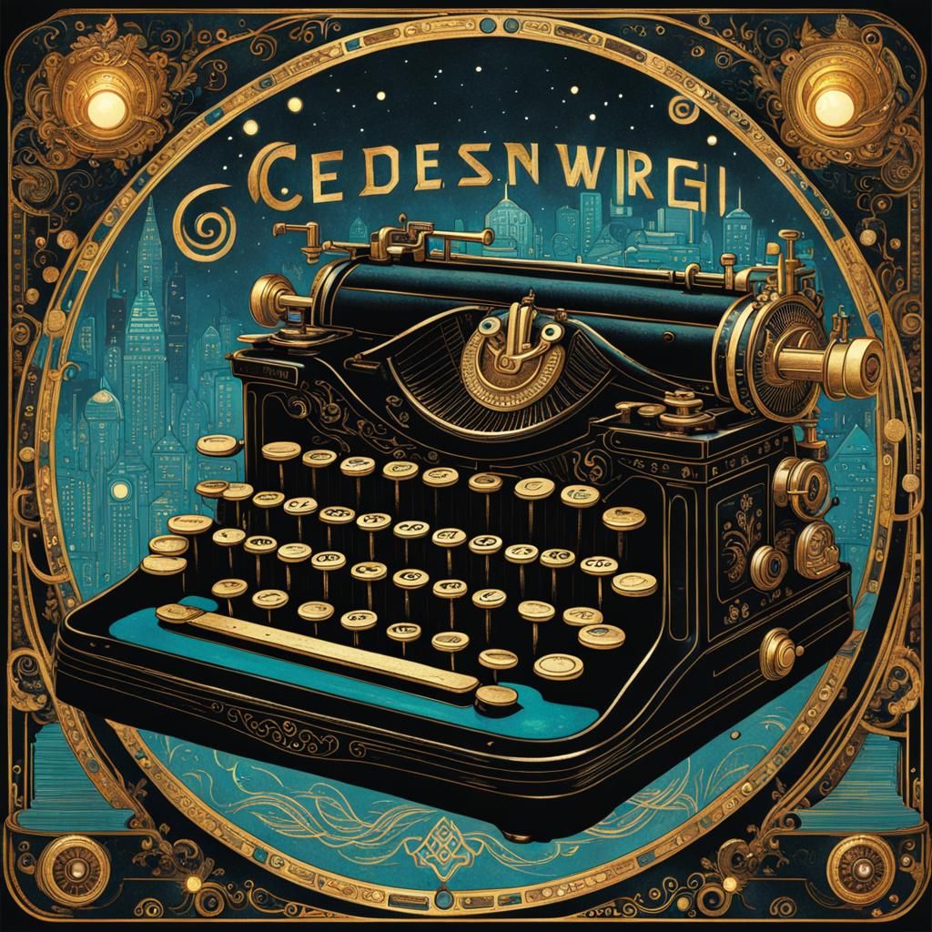 Ornate Typewriter with Fantasy Dieselpunk Background