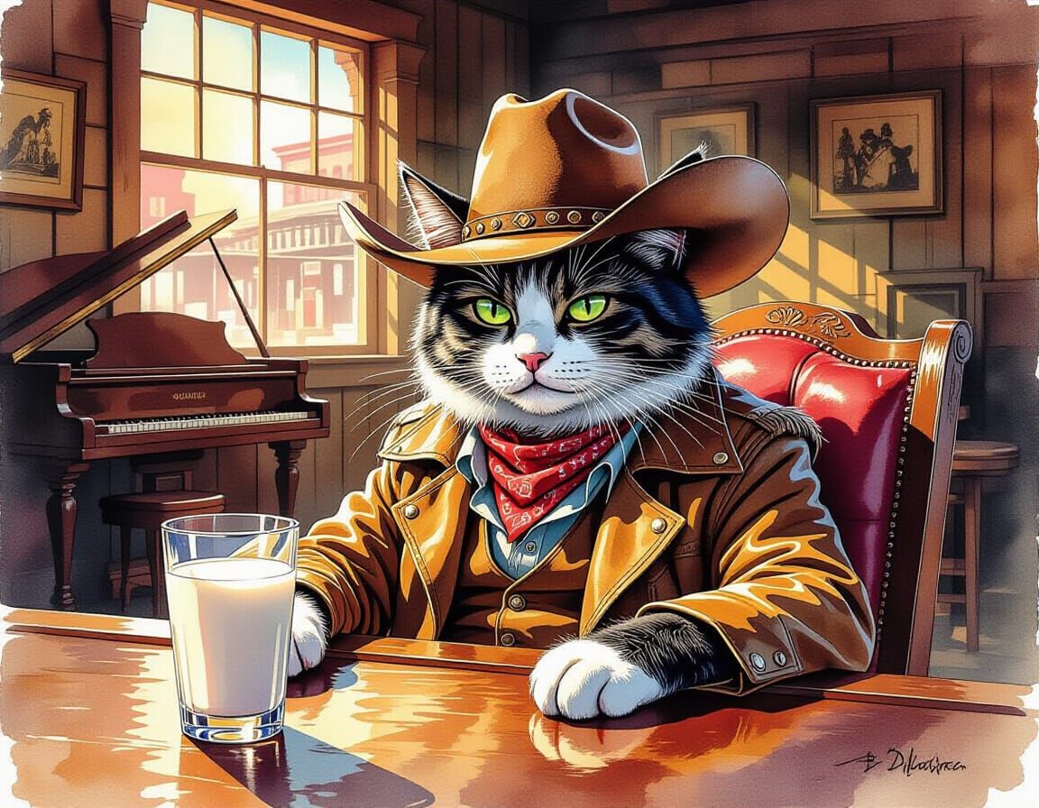 Mischievous Cat in Wild West Saloon, Alcohol Ink Art