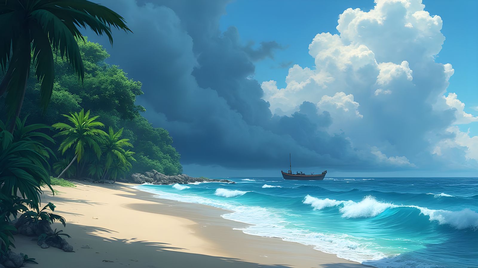 Anime Beach Scene with Approaching Storm