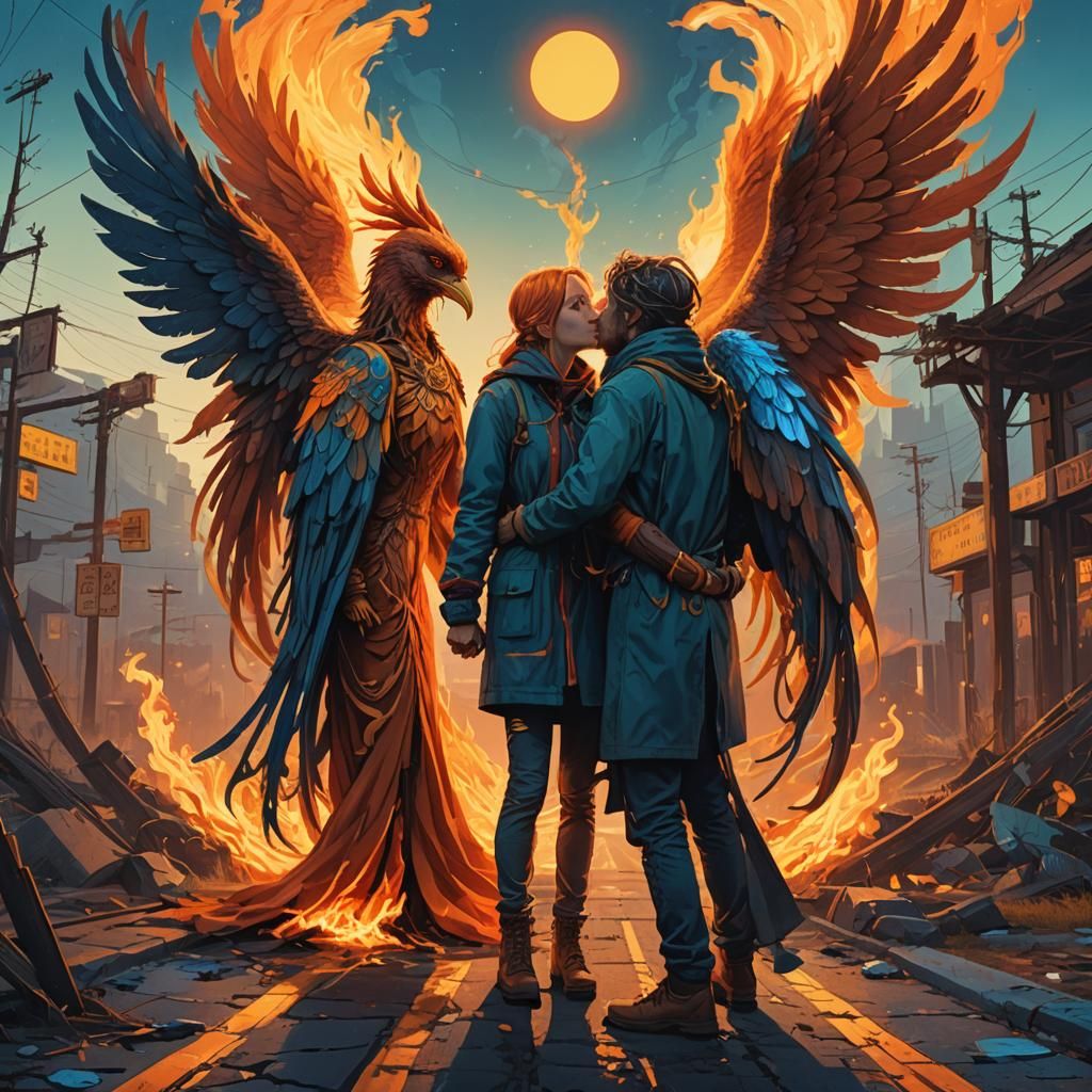 Lovers Kissing at Crossroads in Fantasy Art Style