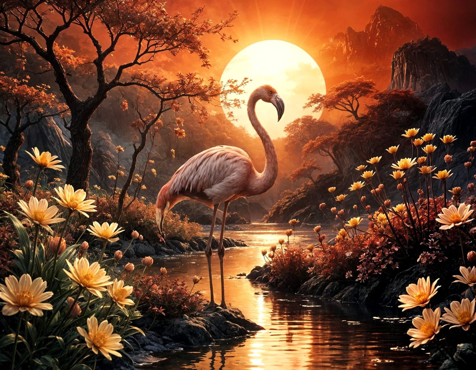 Majestic Flamingo in Golden Flowers Under Rising Sun