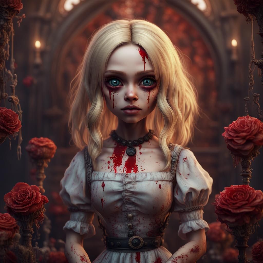Doll with Big Eyes and Bloody Scars