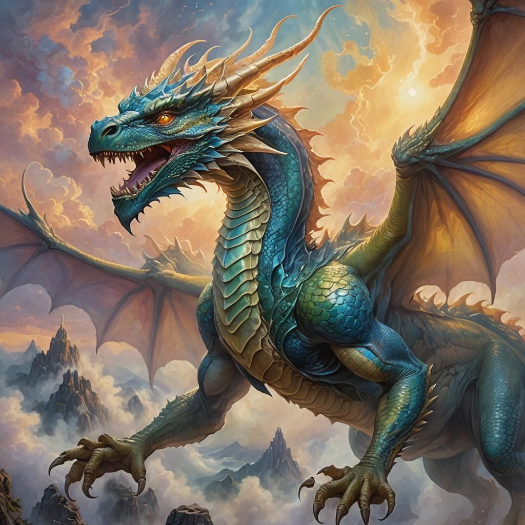 Alien Dragon Soaring: Gouache Fantasy Art