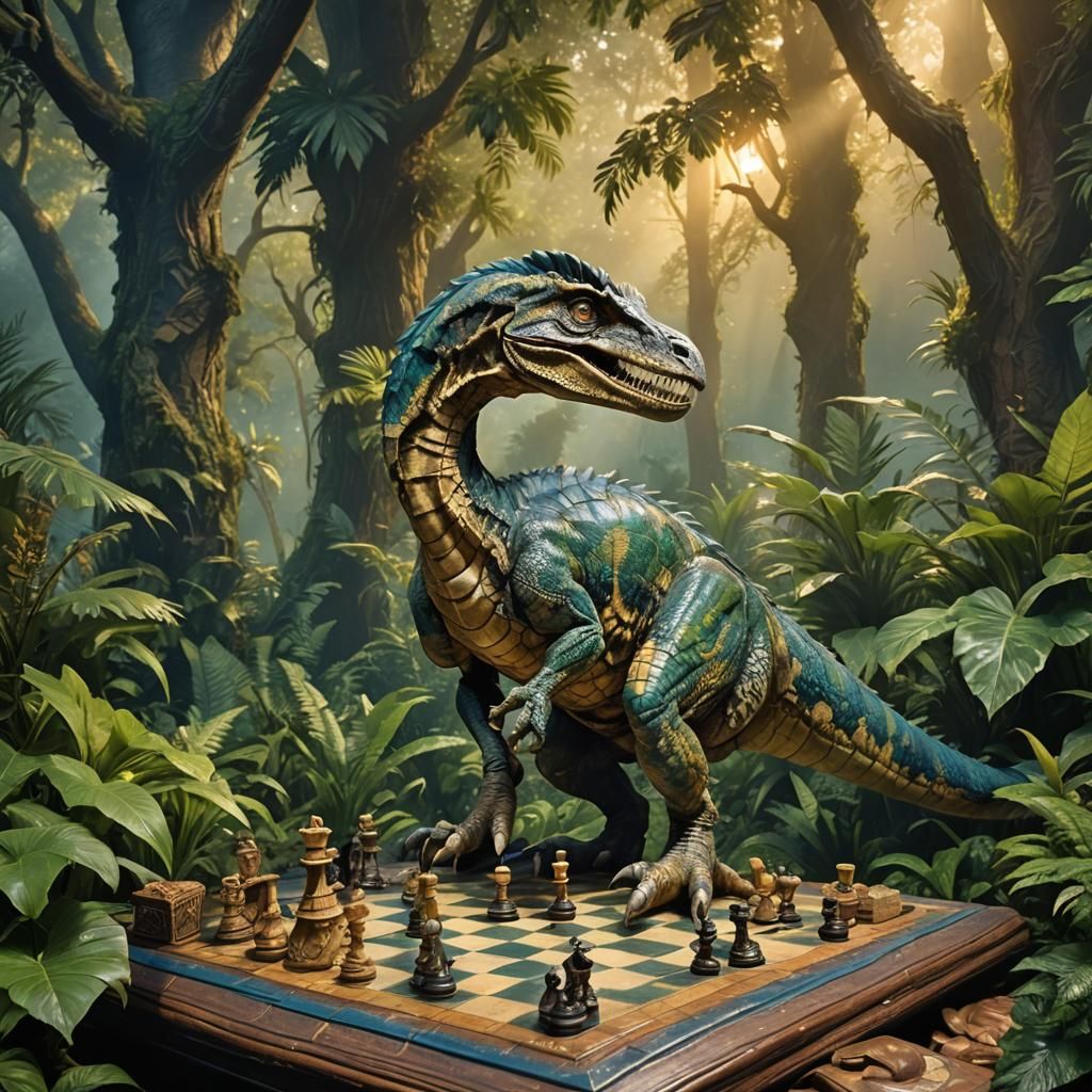 Velociraptor Chess Game in Dreamlike Forest