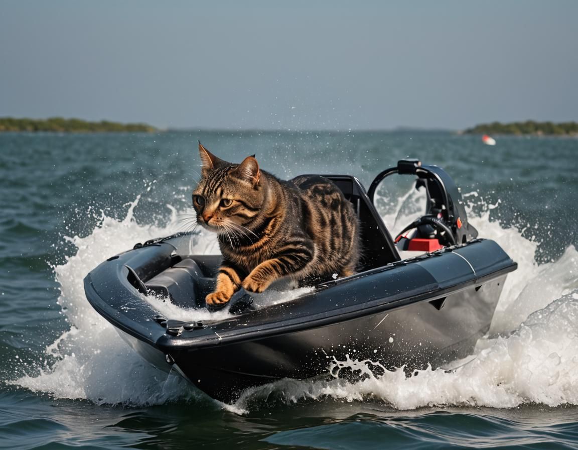 Tabby Cat Drives Speedboat on Sunny Sea