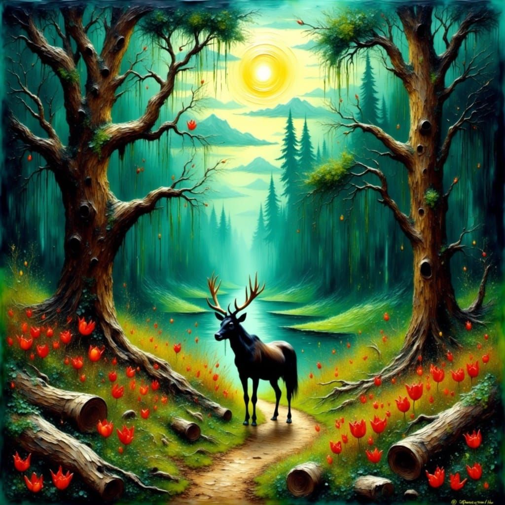 Vibrant Wildlife Scene in Oil Painting Style