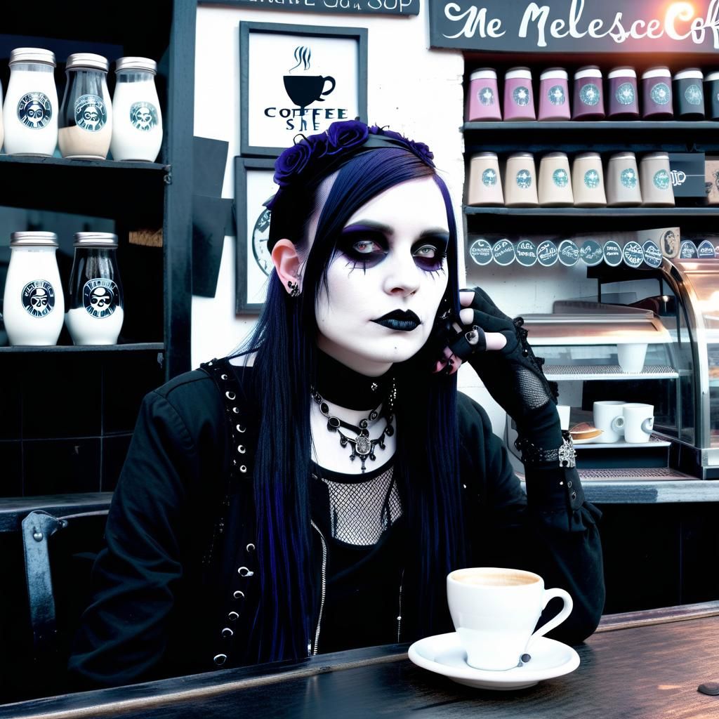 Goth Fashion Model in Coffee Shop