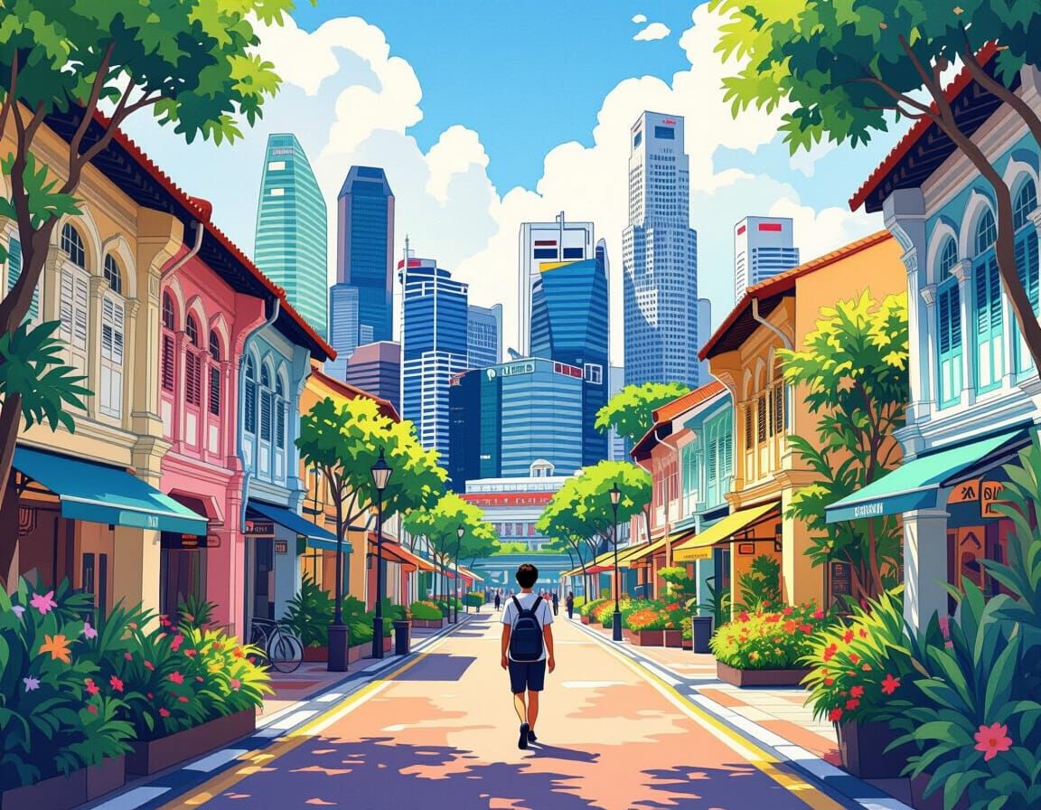 Singapore Street Scene in Art Nouveau Style