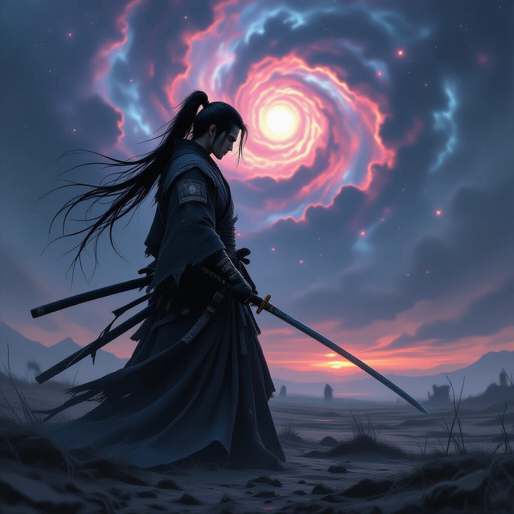 Samurai Warrior on Cosmic Battlefield in Realism Style
