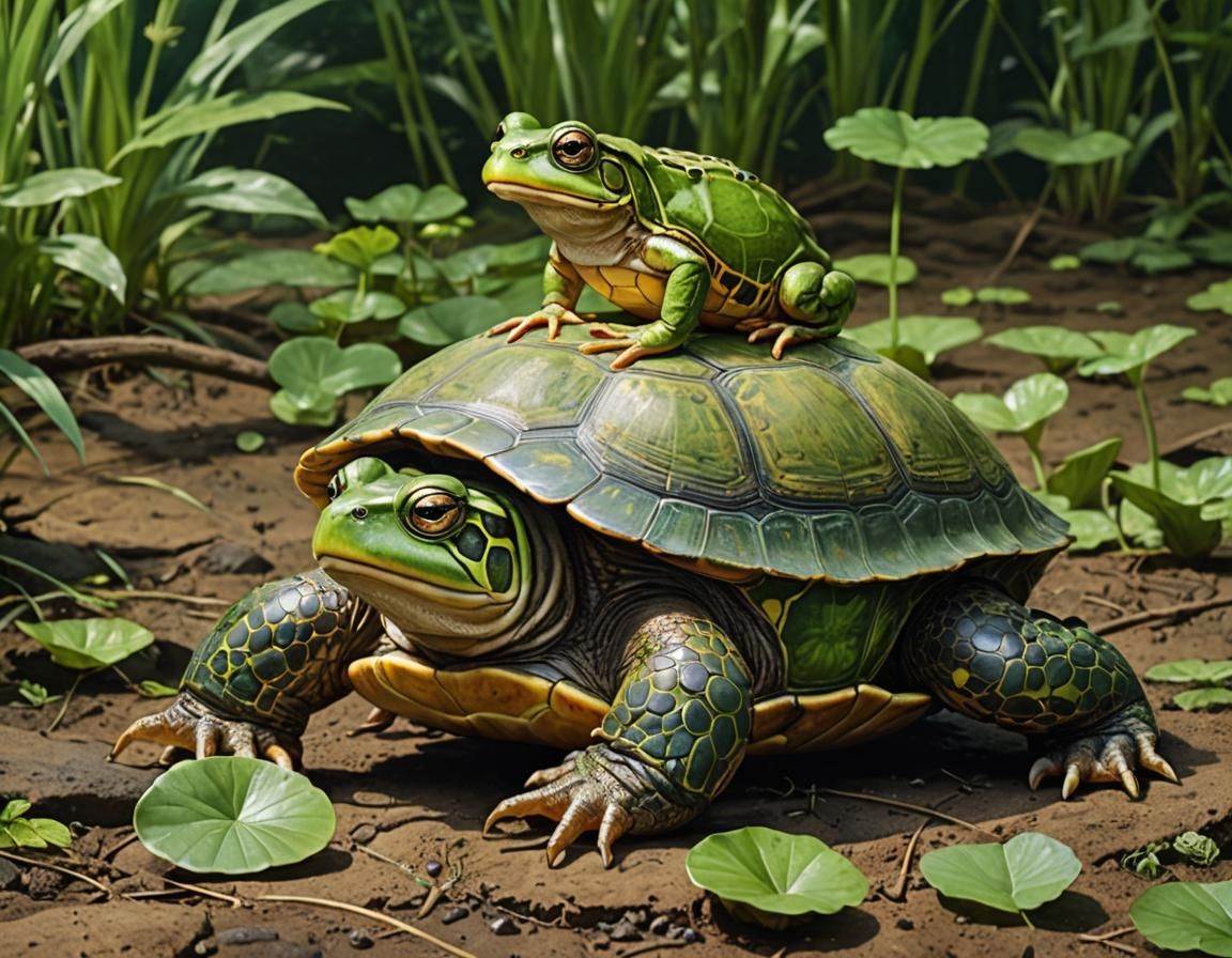 Frog Rides a Giant Turtle
