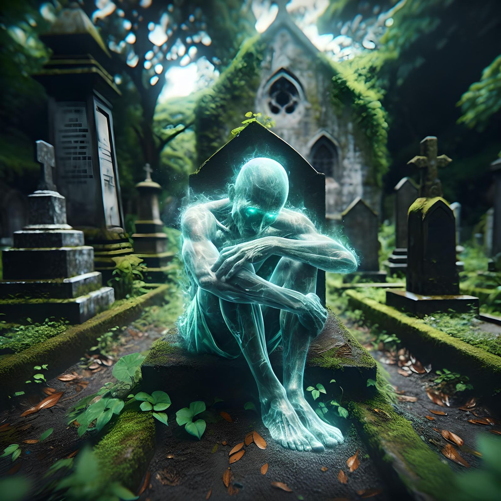 Ethereal Figure Embracing Gravestone in Lush Cemetery