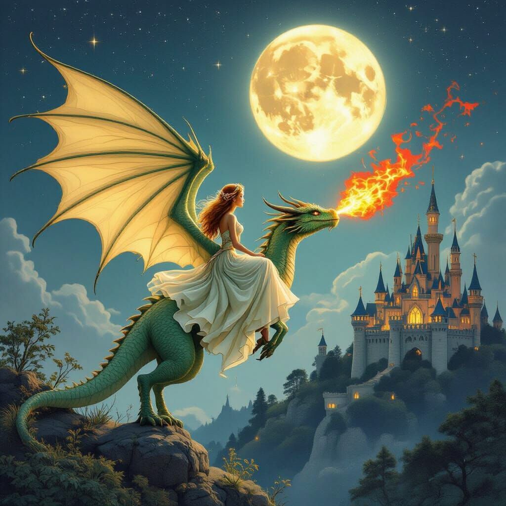 Dragon and Fairy Soaring in Night Sky