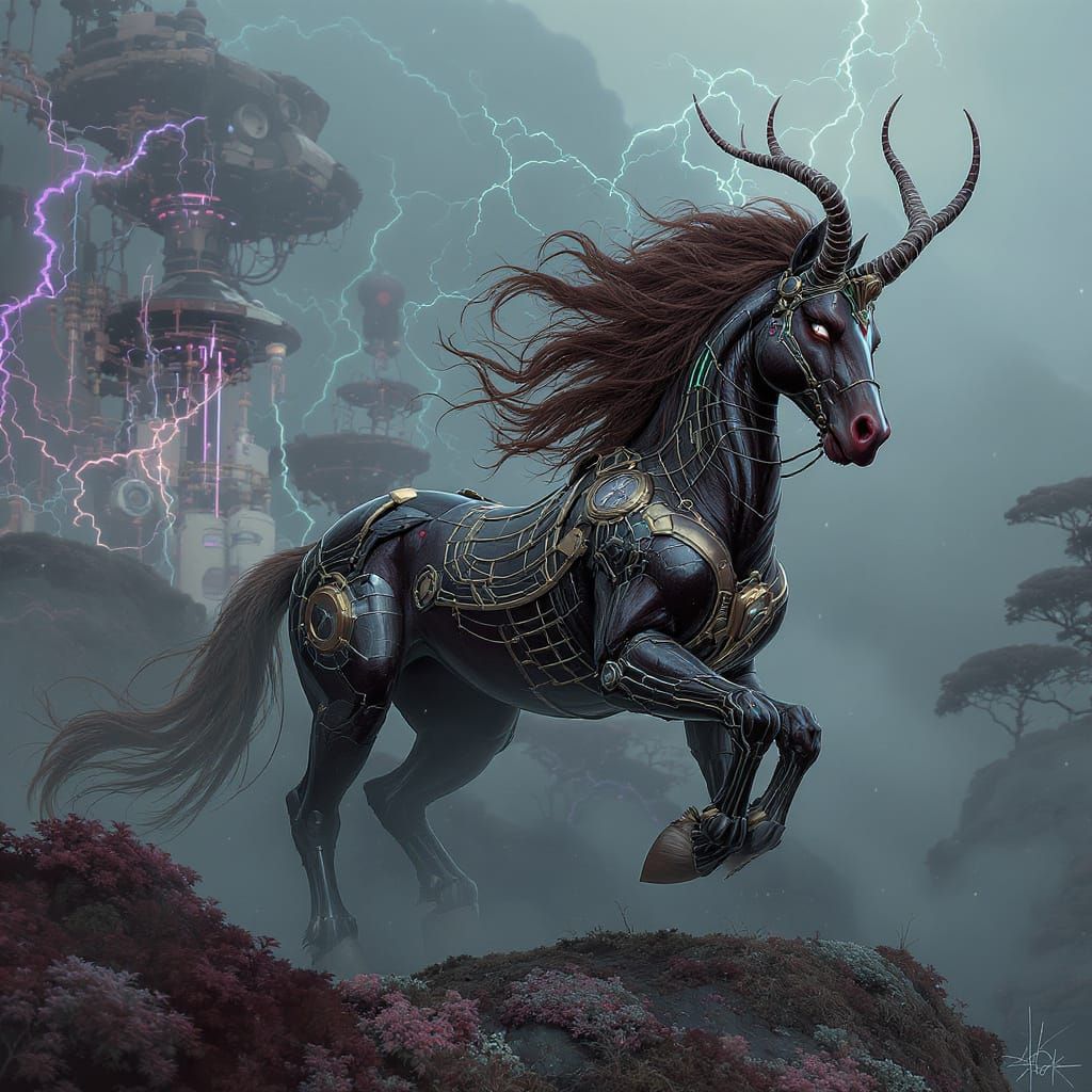 Cyberpunk Centaur in Mystic Steampunk Landscape