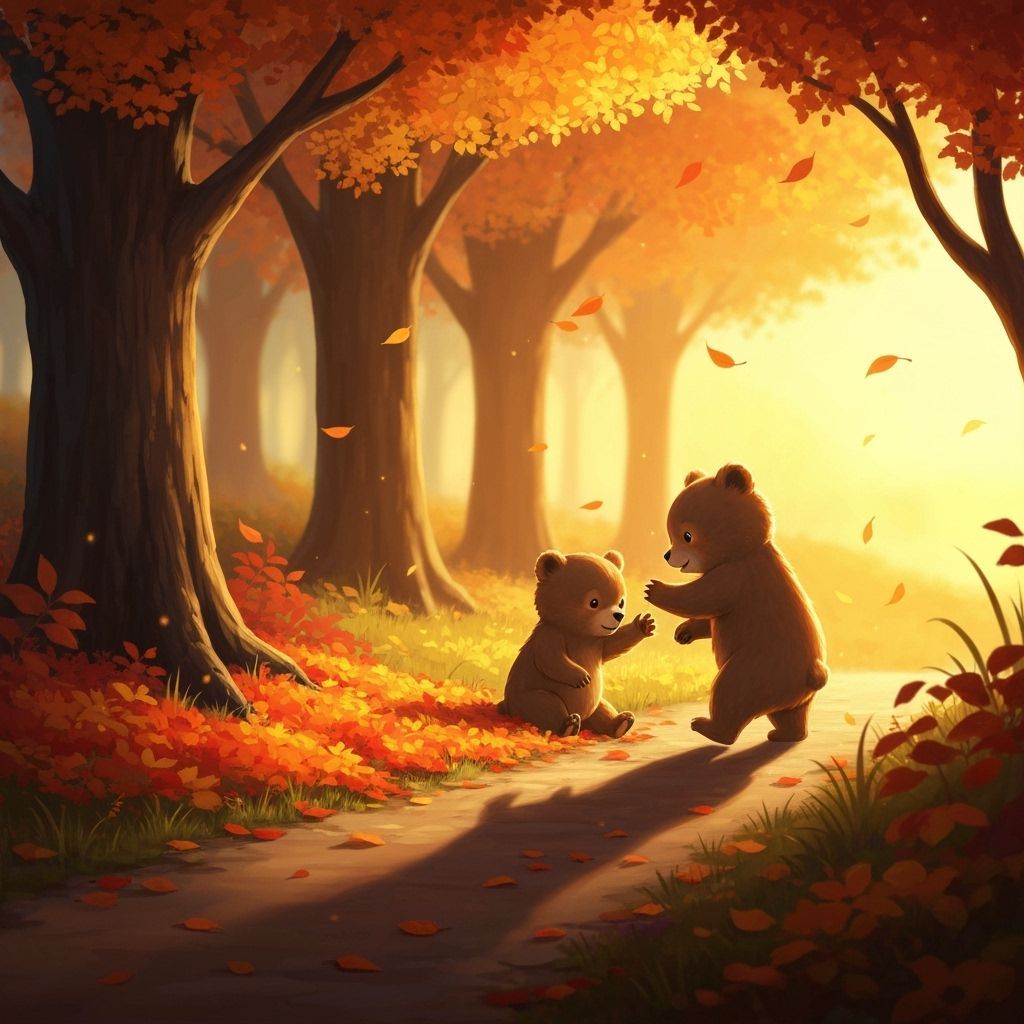 Adorable Baby Bears Play in Autumn Leaves at Sunset