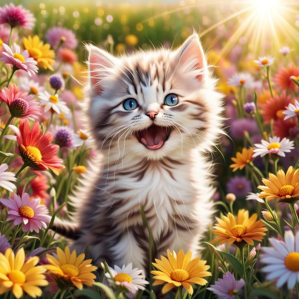 Fluffy Kitten's Joyful Day in Sunny Flower Field