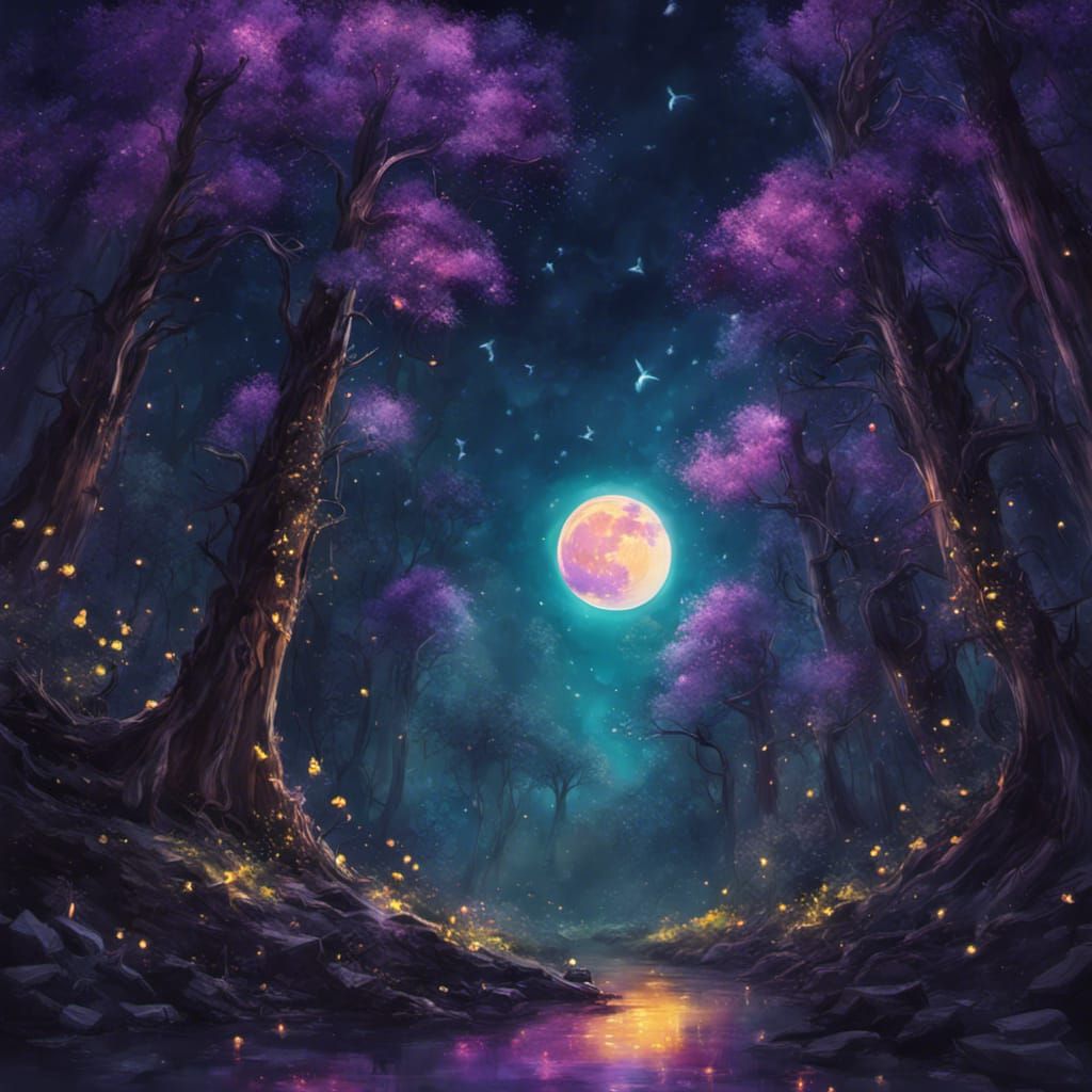 Mystical Night Forest with Purple Moon