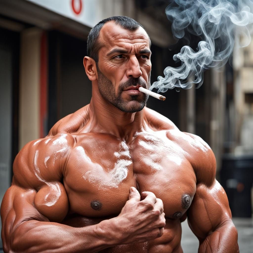 Hyperrealistic Syrian Bodybuilder Smoking