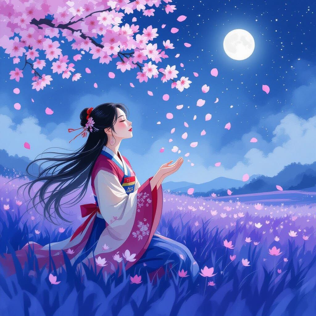 Korean Woman Releases Cherry Blossoms in Watercolor Style