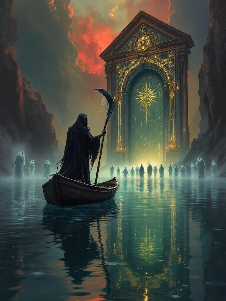 Grim Reaper Guides Souls Across Mirror Lake