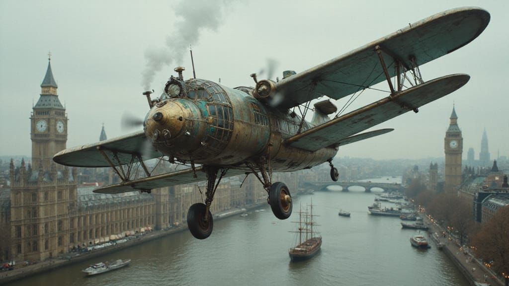 Steampunk Dog-Shaped Airplane Over Victorian London
