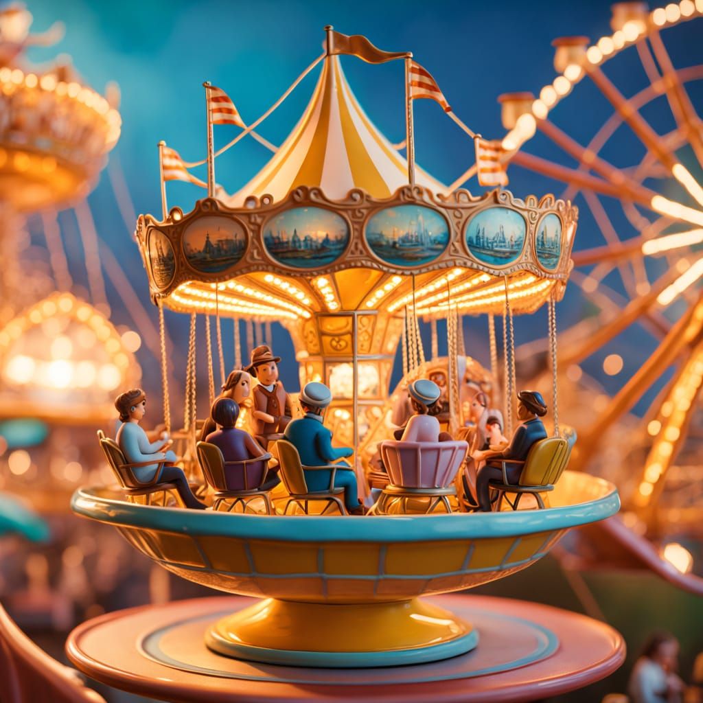 A mini amusement park entirely enclosed in a tea cup with miniture people on the rides inside the cup 8k