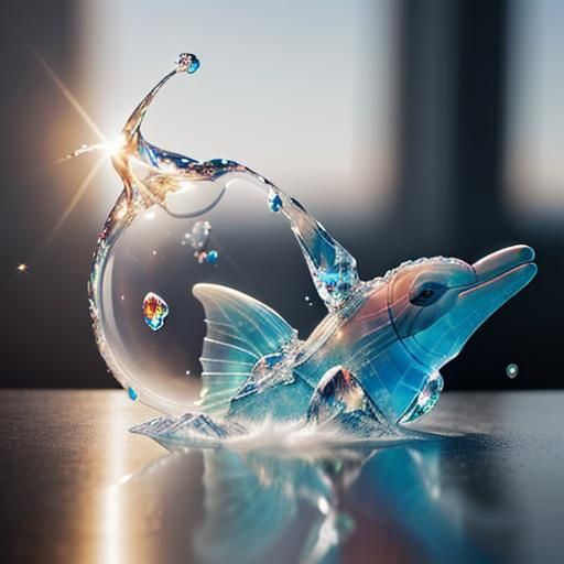 Detailed Crystal Dolphin Swimming in Bubbles