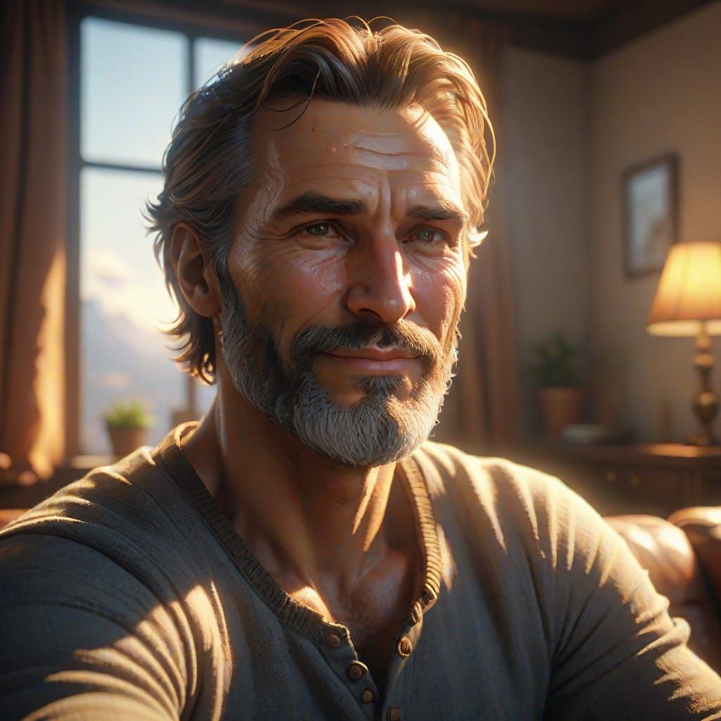 Fatherly Figure in Warm Living Room