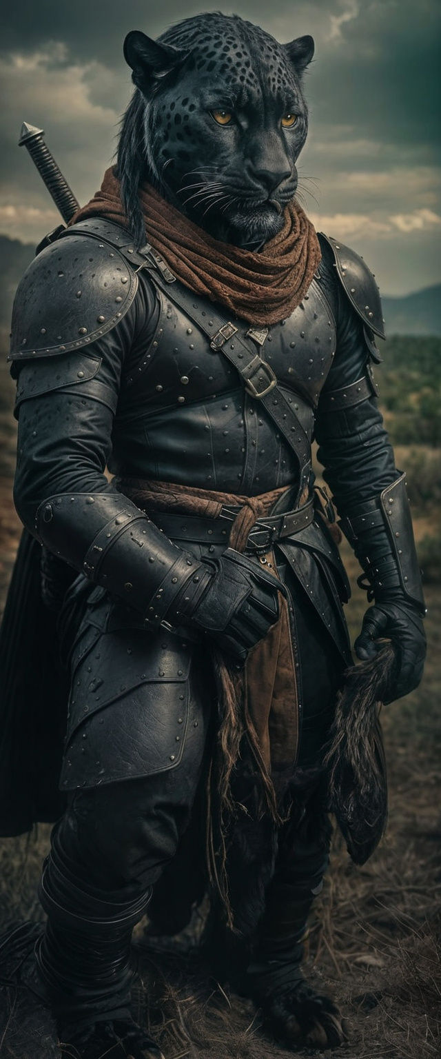 Black Jaguar Warrior in Leather Armor, Cinematic Still