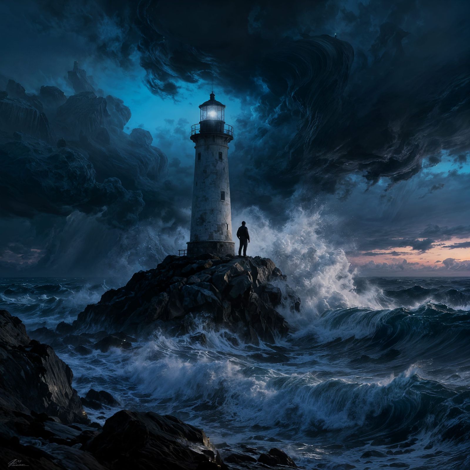 Lighthouse Keeper Against Stormy Twilight Sky