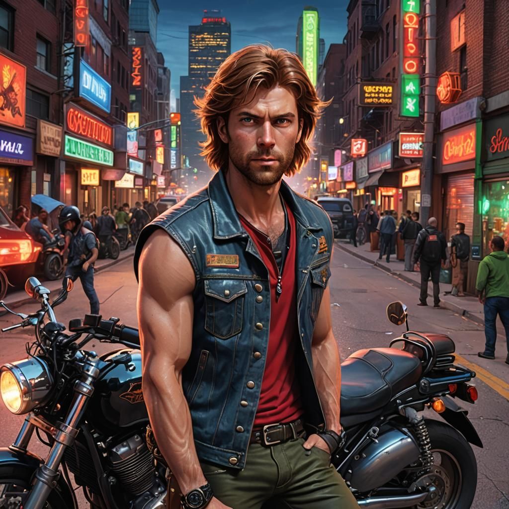 Motorcycle Rider in Dystopian Cityscape, Digital Art