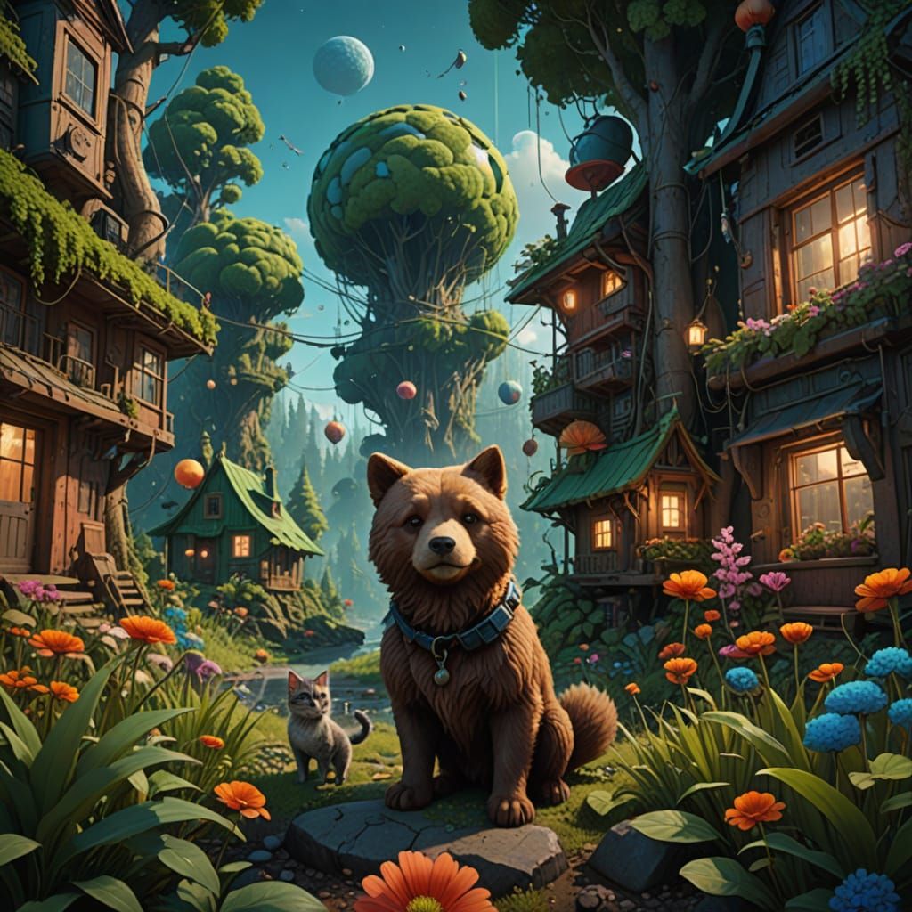 Whimsical Forest Scene with Adorable Animals in Vibrant Colo...